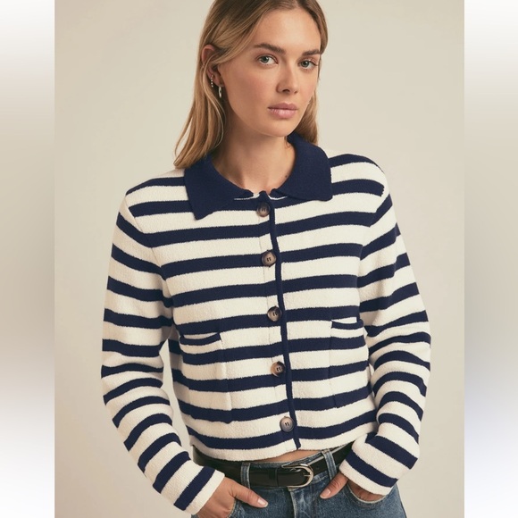 Favorite Daughter Jackets & Blazers - Favorite Daughter The Annabel Nautical Navy and White Striped Button-Up Jacket